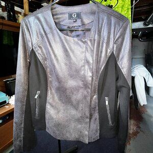 G by Giuliana Vegan Leather Snakeskin-Embossed Moto Jacket~Charcoal Grey/Black